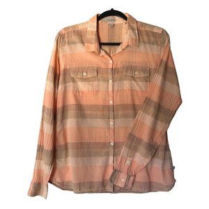 TOAD and CO Airbrush Long Sleeve Shirt Peach Brown Stripes Size Medium
